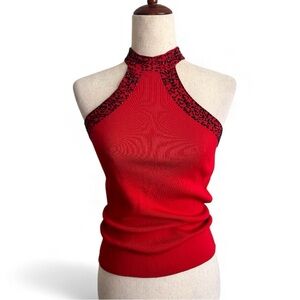 y2k Michelle Nicole Red Halter Tank Top Black Beaded Trim